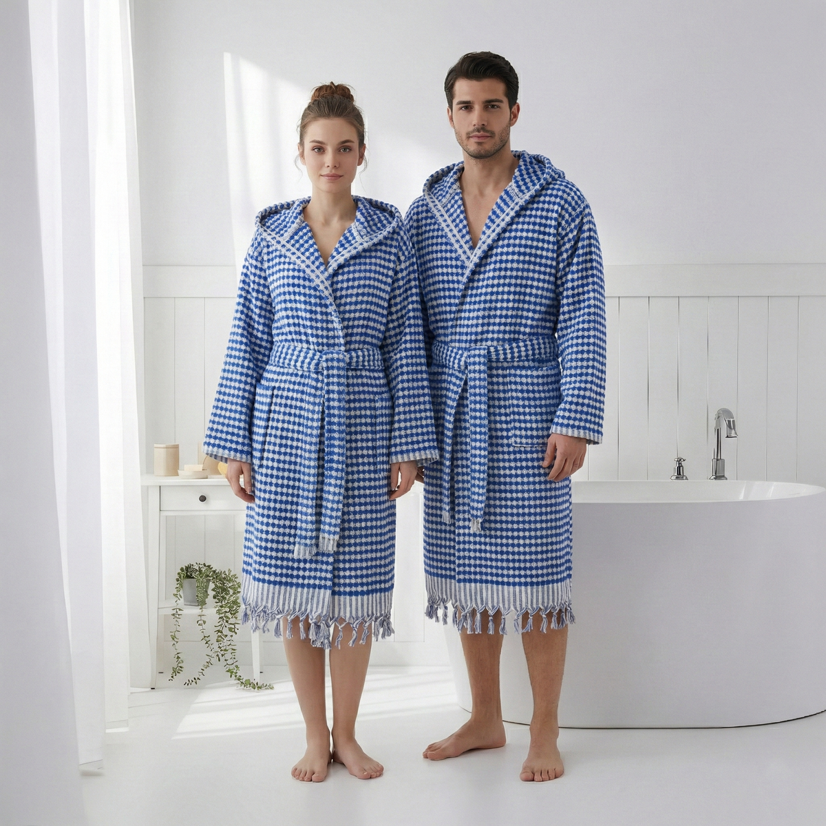 Pompom Turkish bathrobe – Blue, Hooded, styled view | Kikoya