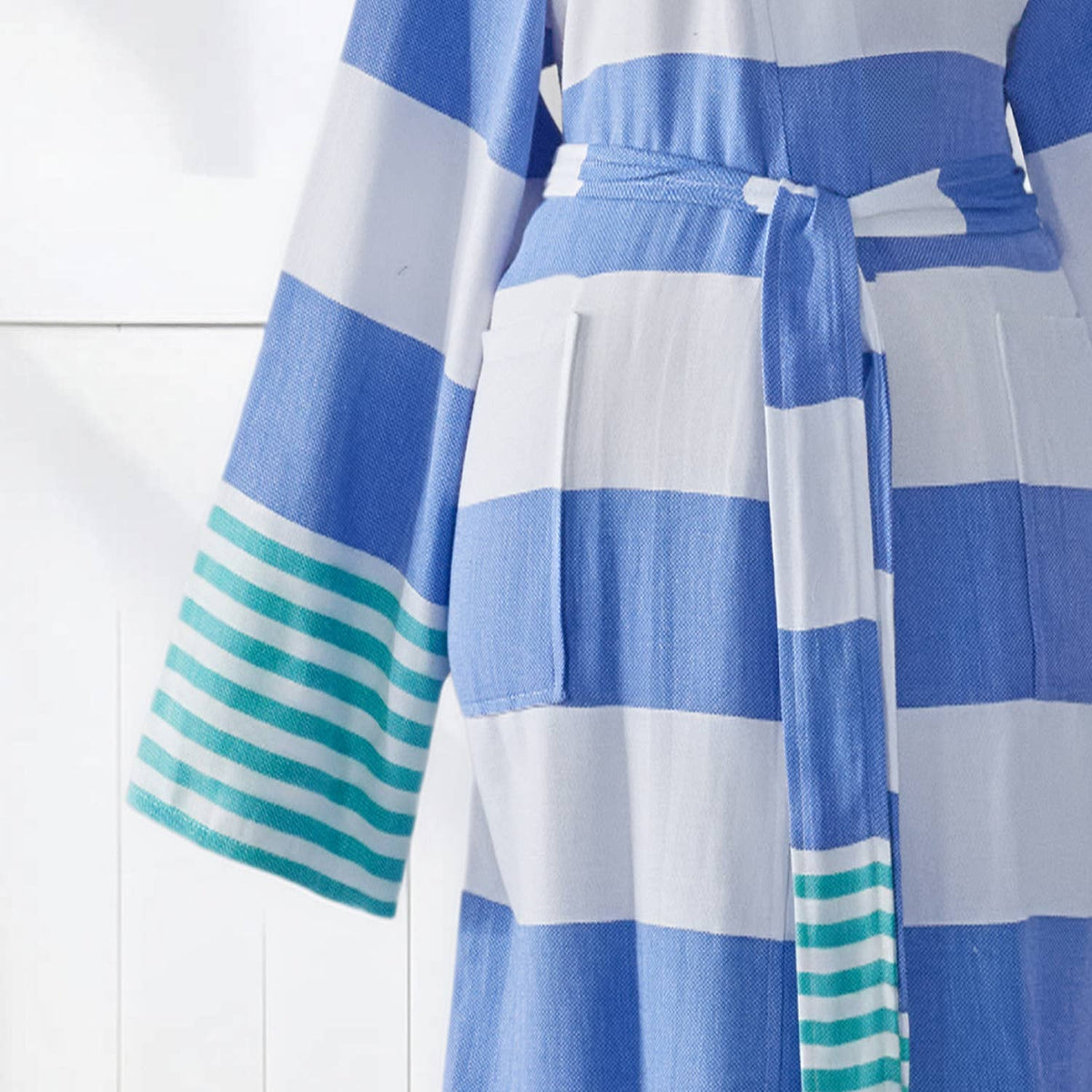 Mediterranean Turkish kimono bathrobe – blue and turquoise block stripe | Kikoya
