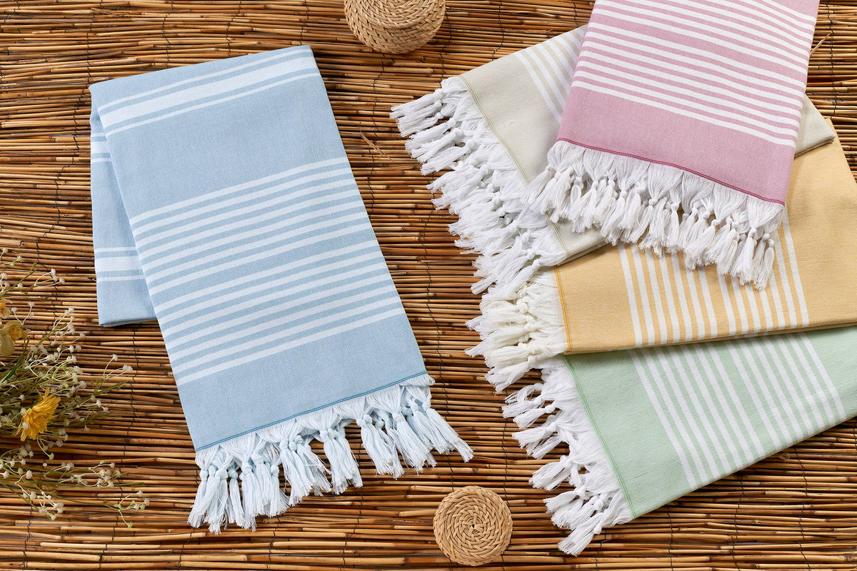 Arma terry-backed Turkish towel in fine green pinstripe | Kikoya
