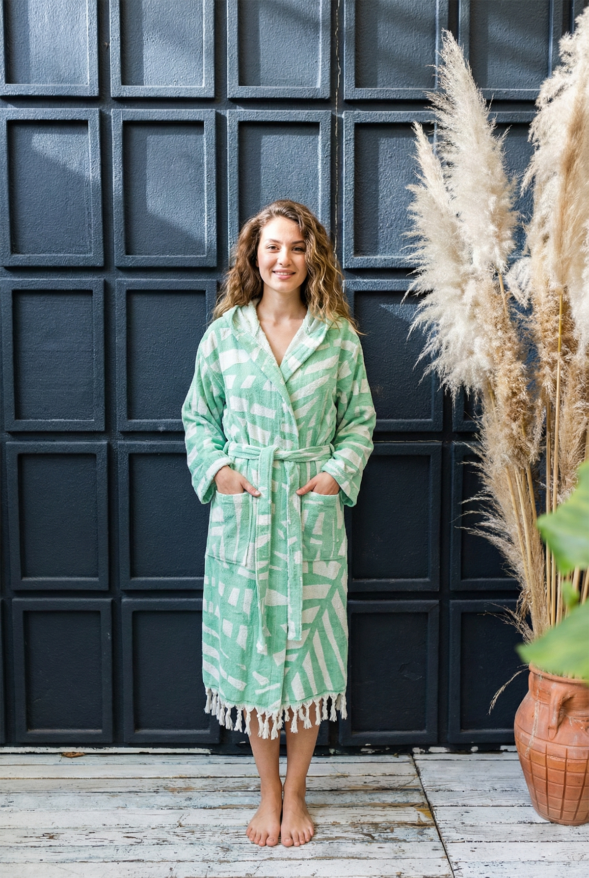 Fronds raised terry Turkish bathrobe, hooded, palm-frond jacquard | Kikoya