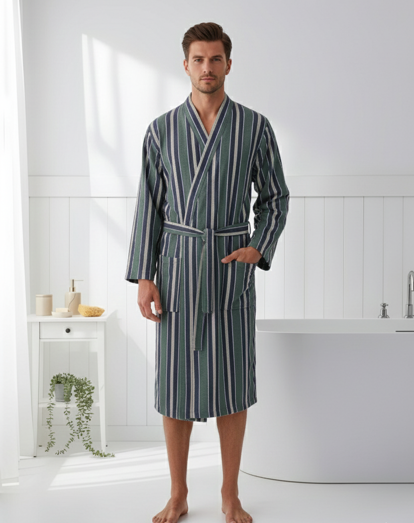 Pinstripe Turkish cotton bathrobe in forest green – kimono | Kikoya