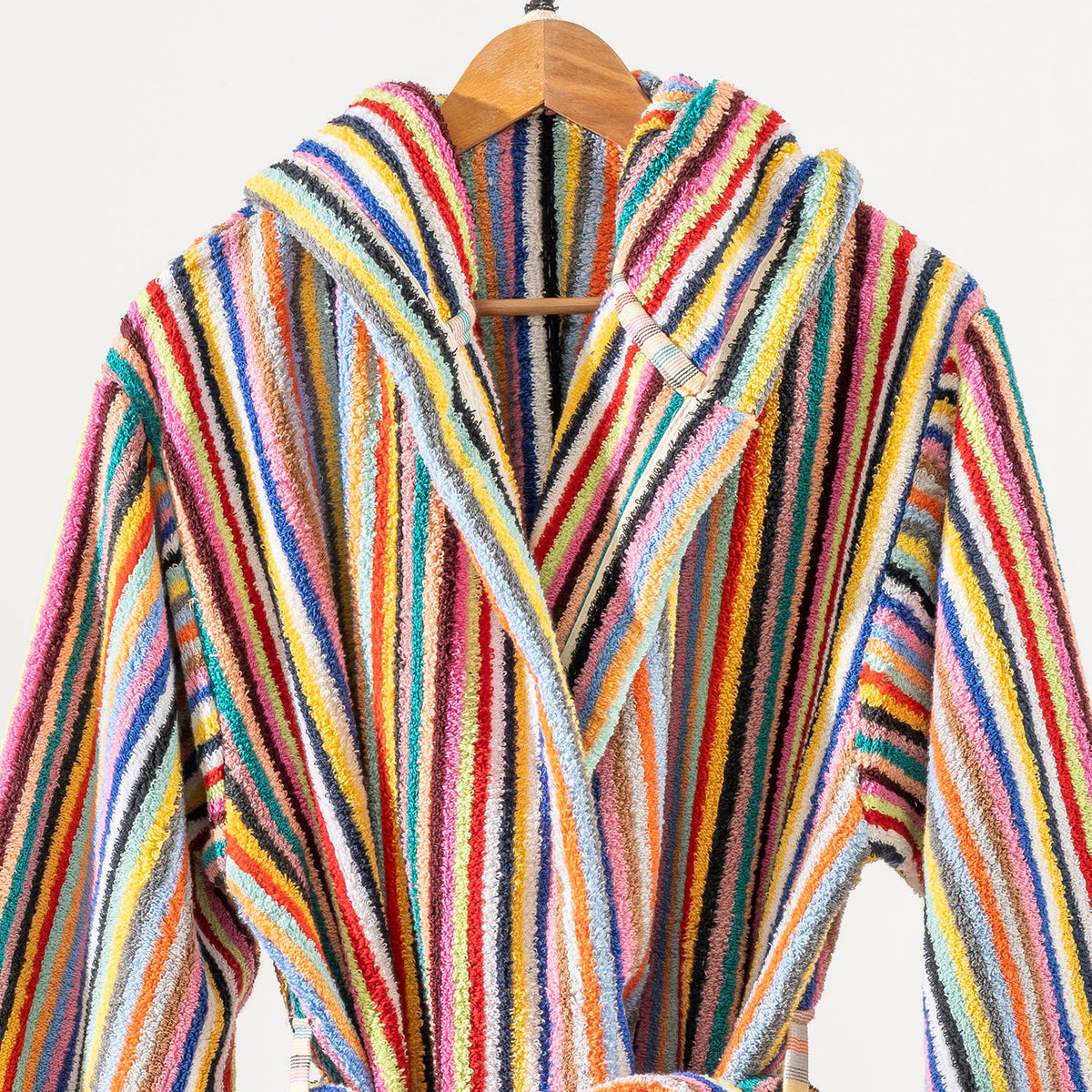 Pompom Turkish bathrobe – Multicolor Pinstripe, Hooded, belt and pocket detail | Kikoya