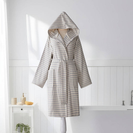 Fine stripe Turkish cotton bathrobe in lilac & grey – hooded | Kikoya