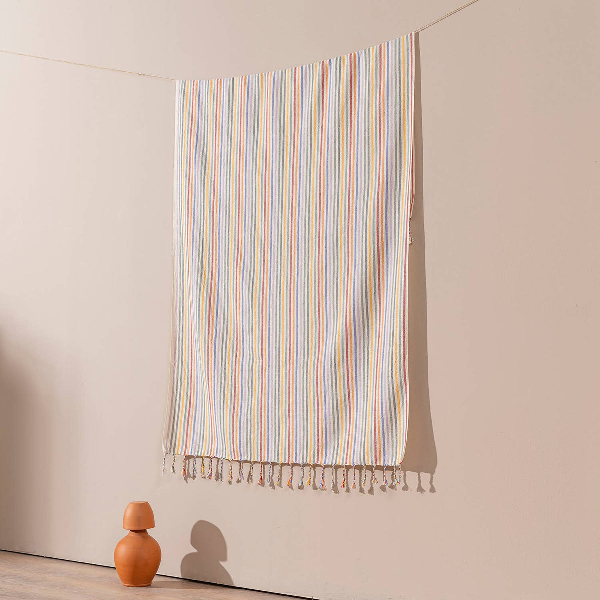 Lilac Rainbow Stripe Turkish towel, woven texture close-up | Kikoya