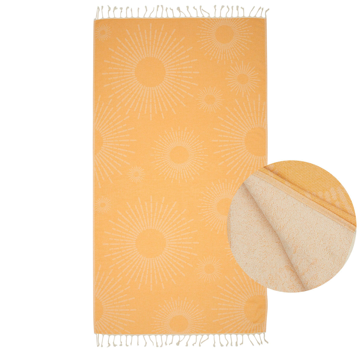 Sunbright terry-backed Turkish towel with woven sunburst jacquard, 35x70 in | Kikoya