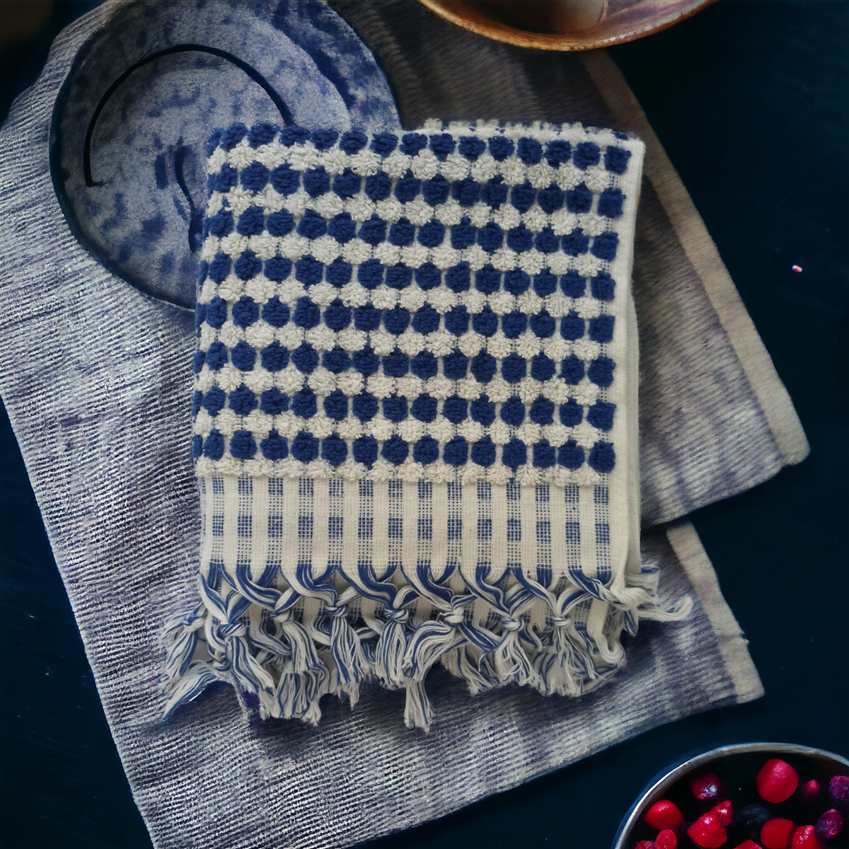 Pompom handloomed Turkish hand towel, 17x38 in, raised bubble weave with pompom fringe | Kikoya