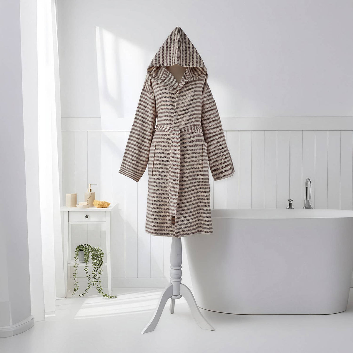 Fine stripe Turkish cotton bathrobe – hooded, belted | Kikoya