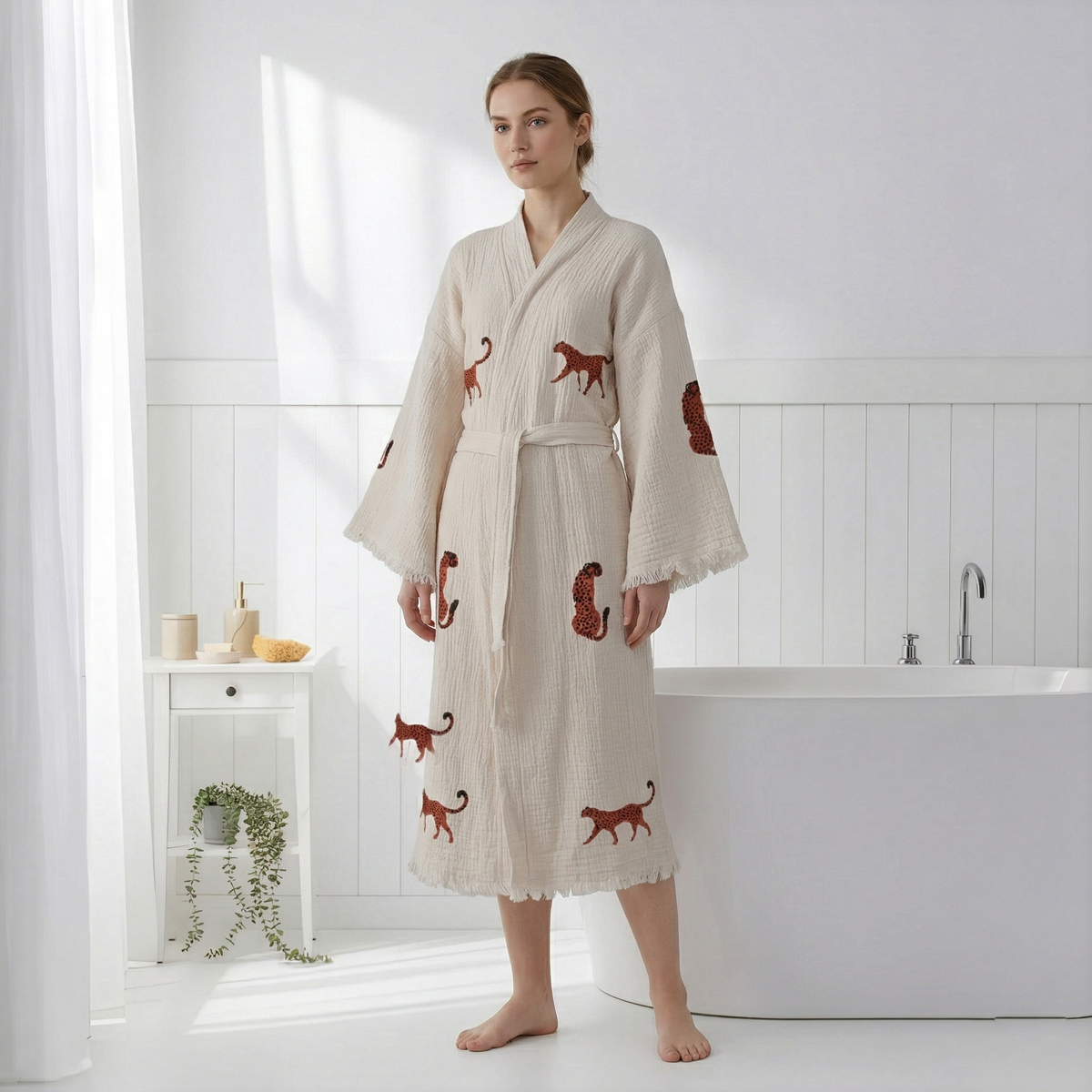 Block-print Turkish cotton kimono robe – Leopard Brown | Kikoya