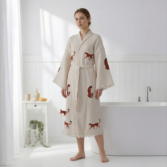 Block-print Turkish cotton kimono robe – Leopard Brown | Kikoya