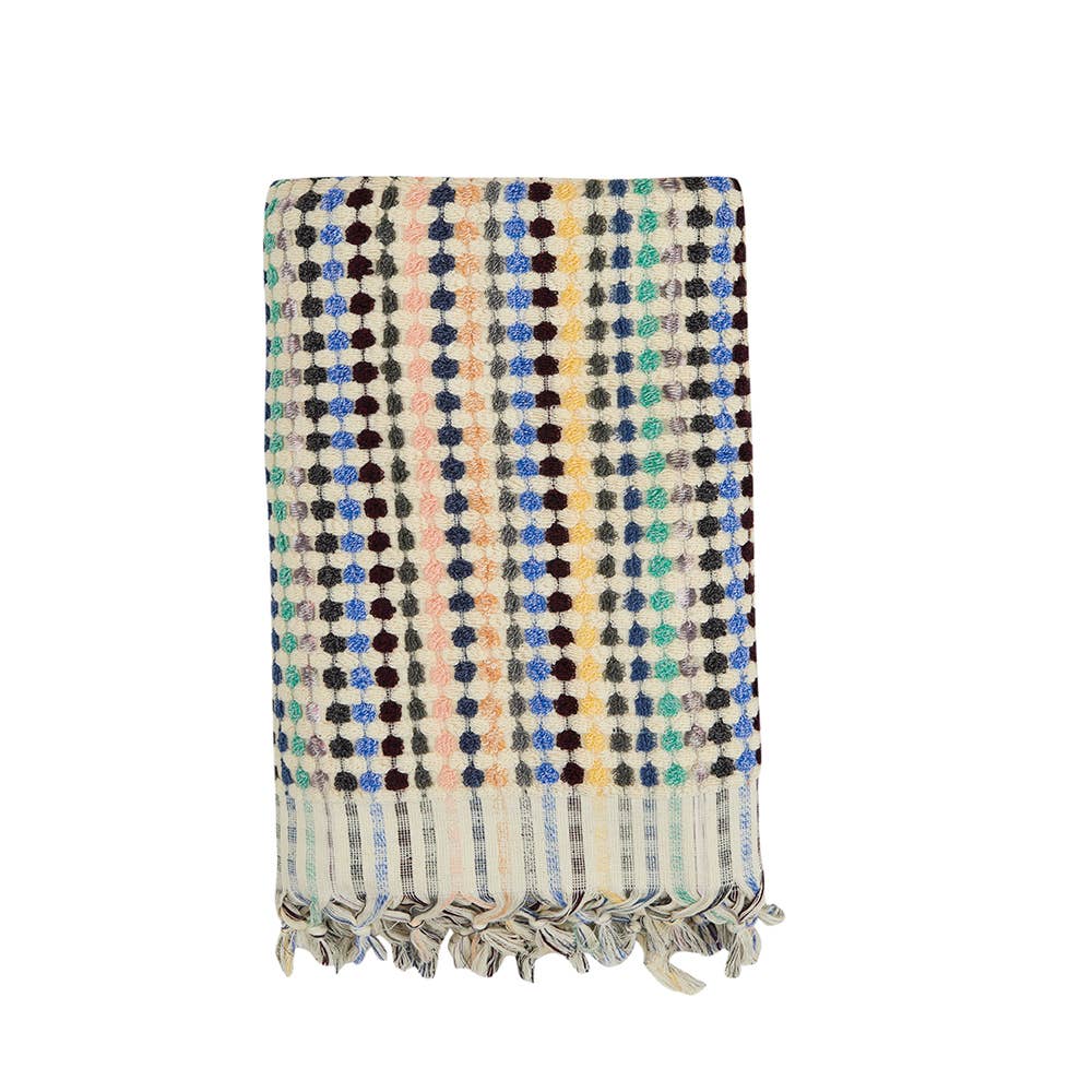Pompom handloomed Turkish bath towel, 35x68 in, bubble weave with pompom fringe | Kikoya