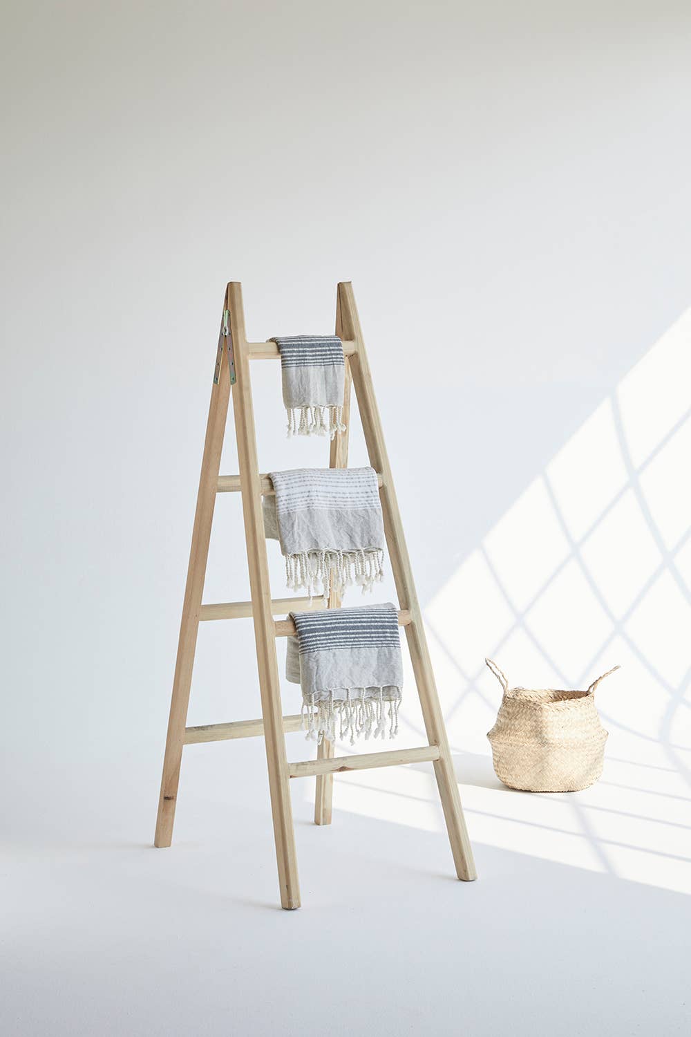 Linen-cotton Turkish towel with tonal stripe band and tassels, 33x67 in | Kikoya