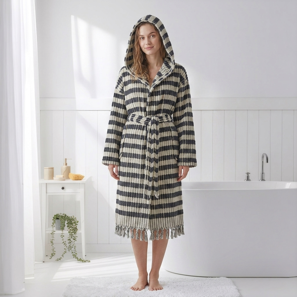 Pompom Turkish bathrobe – Lokum Black & White, Hooded, styled view | Kikoya
