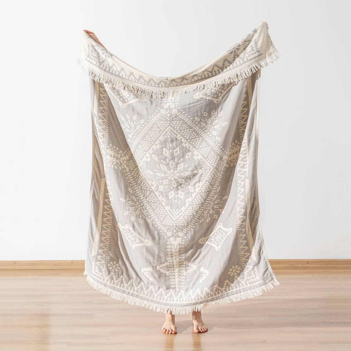 Tribal Turkish cotton throw blanket – Diamond Medallion, Grey, full length view | Kikoya