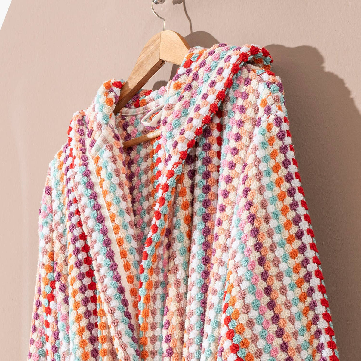 Pompom Turkish bathrobe – Pink Multi, Hooded, texture detail | Kikoya