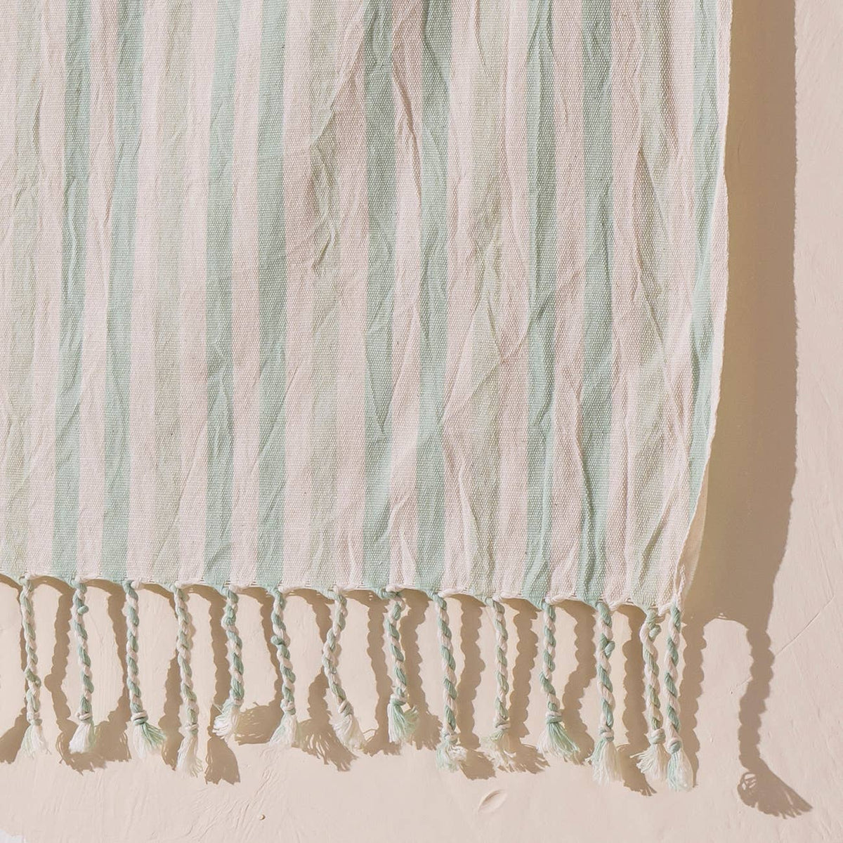 Premium Rustic Turkish beach towel – Mint Stripe, styled view | Kikoya