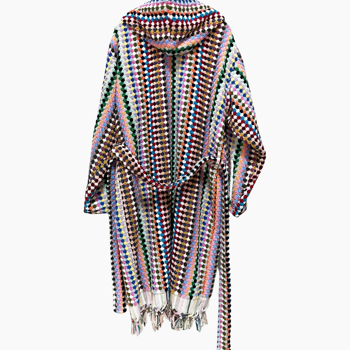 Pompom Turkish bathrobe – Multicolor, Hooded, lifestyle view | Kikoya