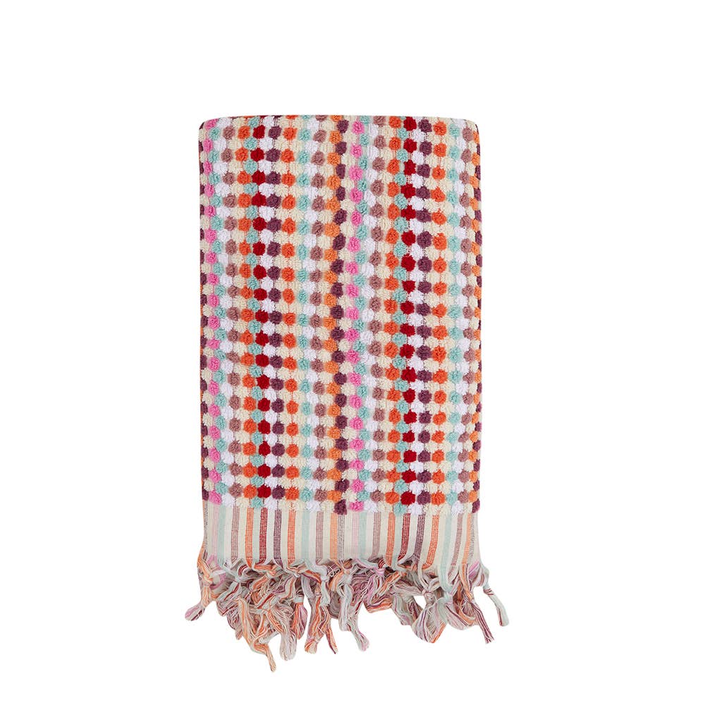 Pompom handloomed Turkish bath towel, 35x68 in, bubble weave with pompom fringe | Kikoya