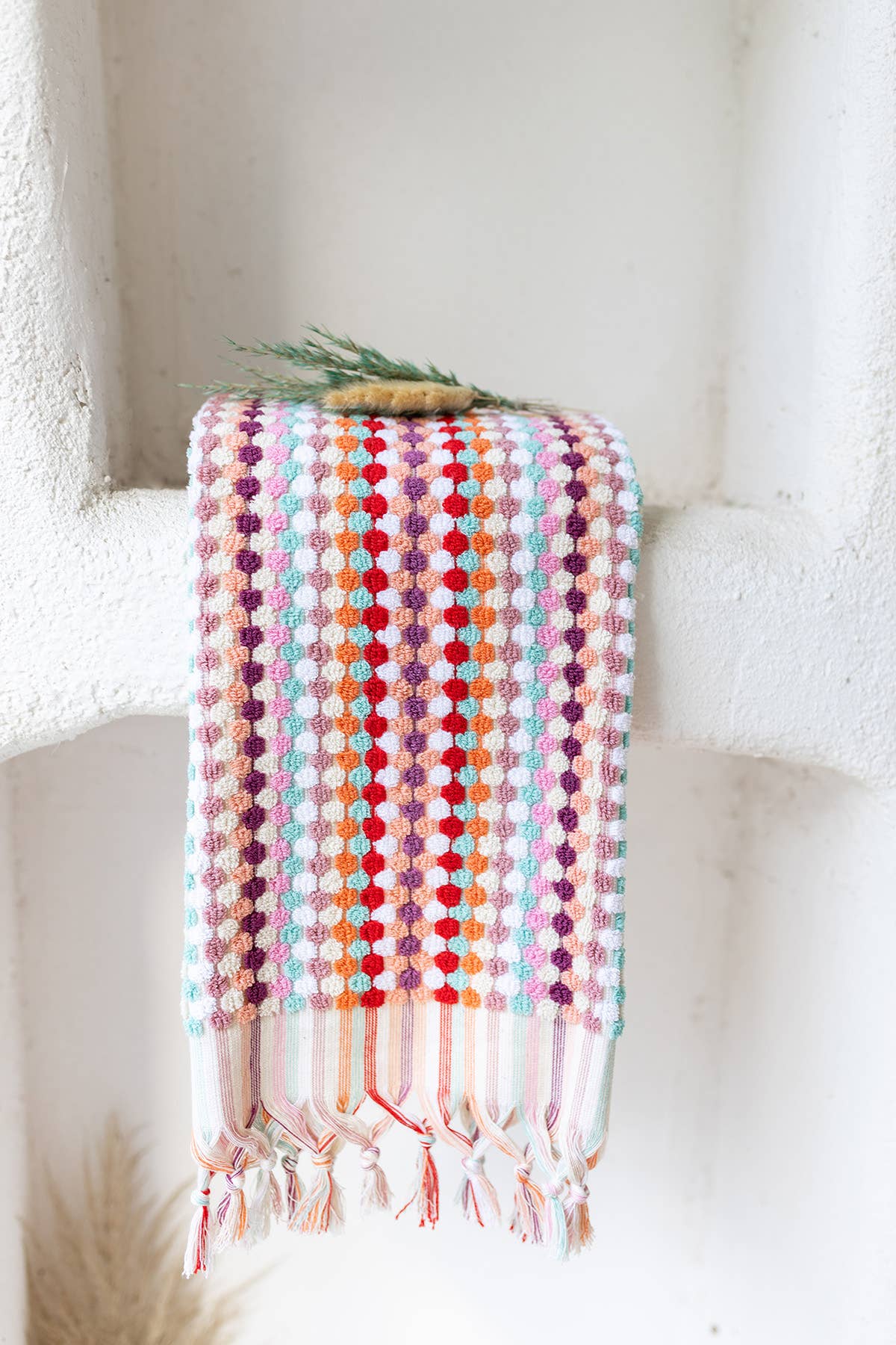 Pompom handloomed Turkish hand towel, 17x38 in, raised bubble weave with pompom fringe | Kikoya