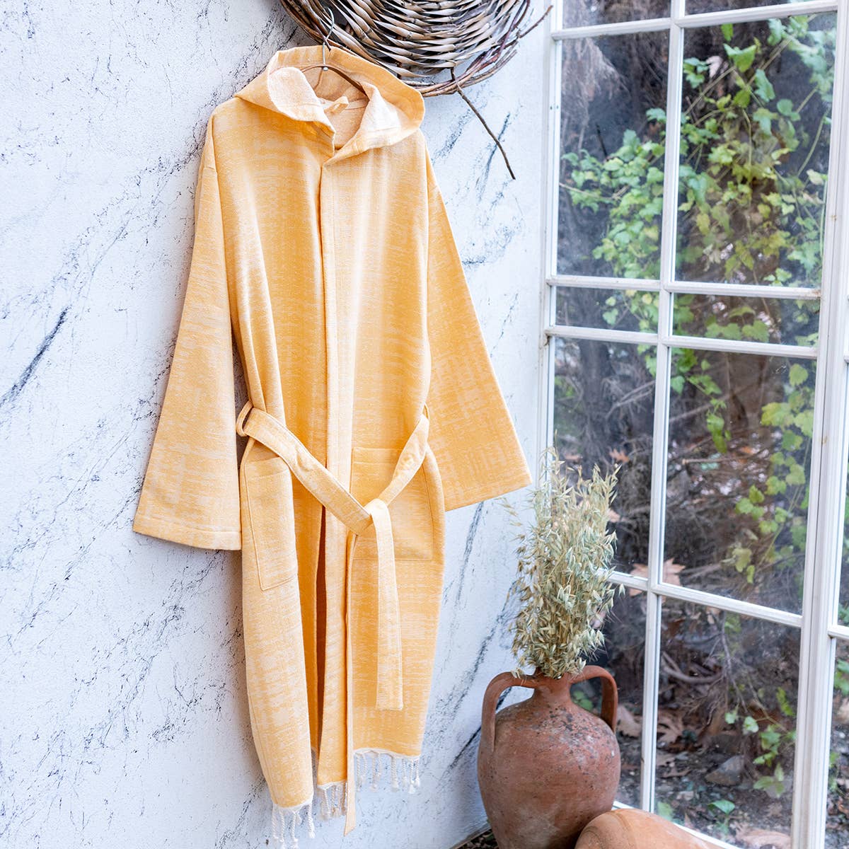 Vintage terry-backed Turkish bathrobe, hooded, washed finish | Kikoya