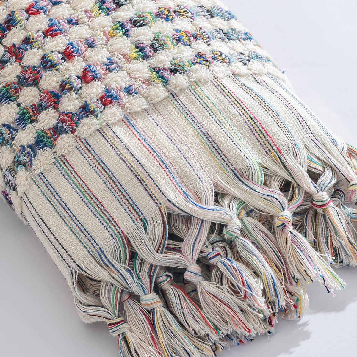 Handloomed Turkish hand towel with multicolour pompoms, 17x38 in | Kikoya