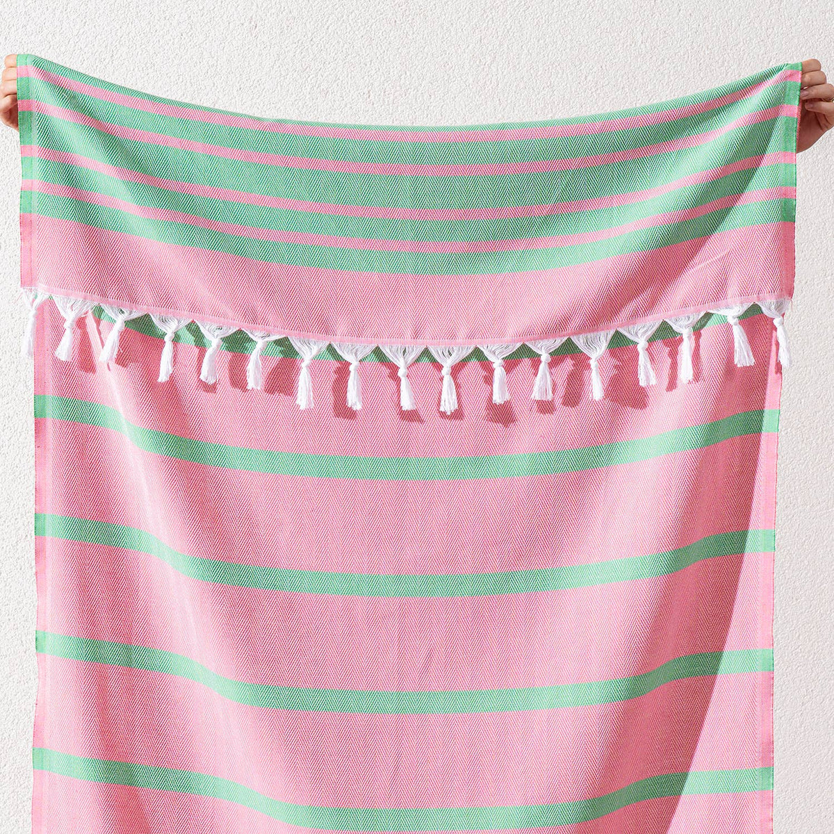 Luxe Herringbone Turkish towel – Pink/Green, pink with green stripes, fringe detail | Kikoya