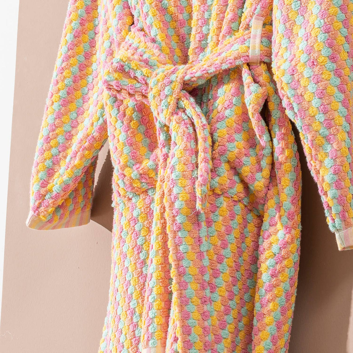 Pompom Turkish bathrobe – Pink & Orange, Hooded, belt and pocket detail | Kikoya