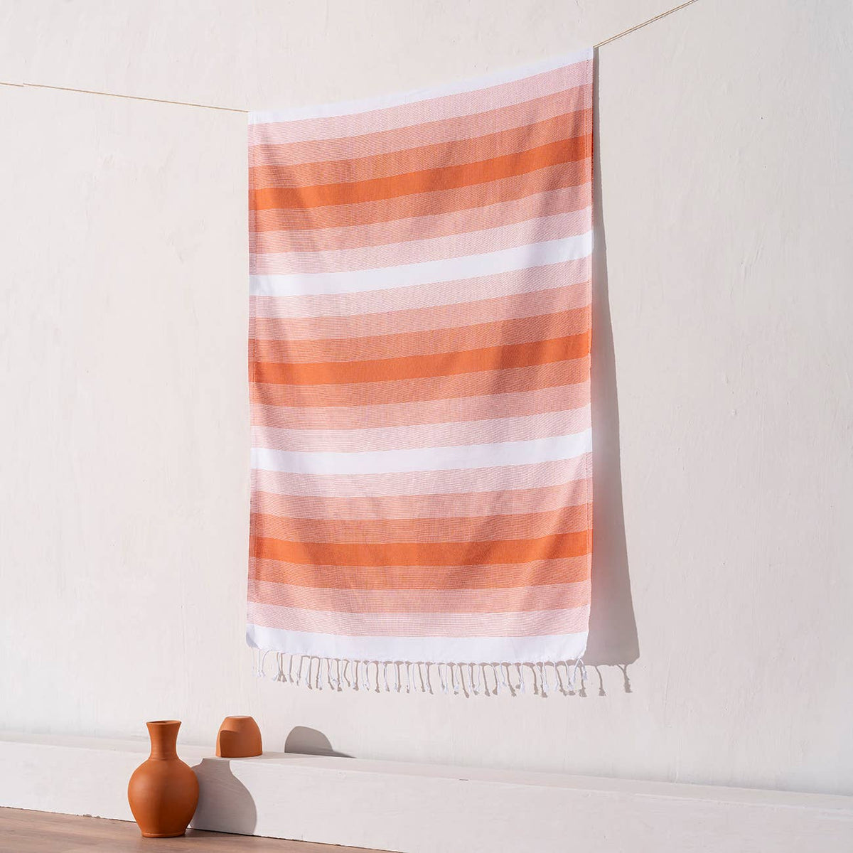 Sunrise Turkish beach towel in coral ombre stripe, 33x66 in | Kikoya