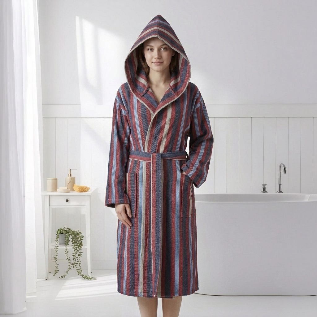Antique Turkish hooded bathrobe – Plum Stripe | Kikoya