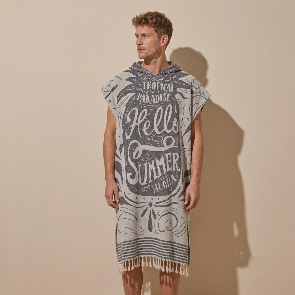Hello Summer Adult Hooded Changing Poncho – Print, back view | Kikoya