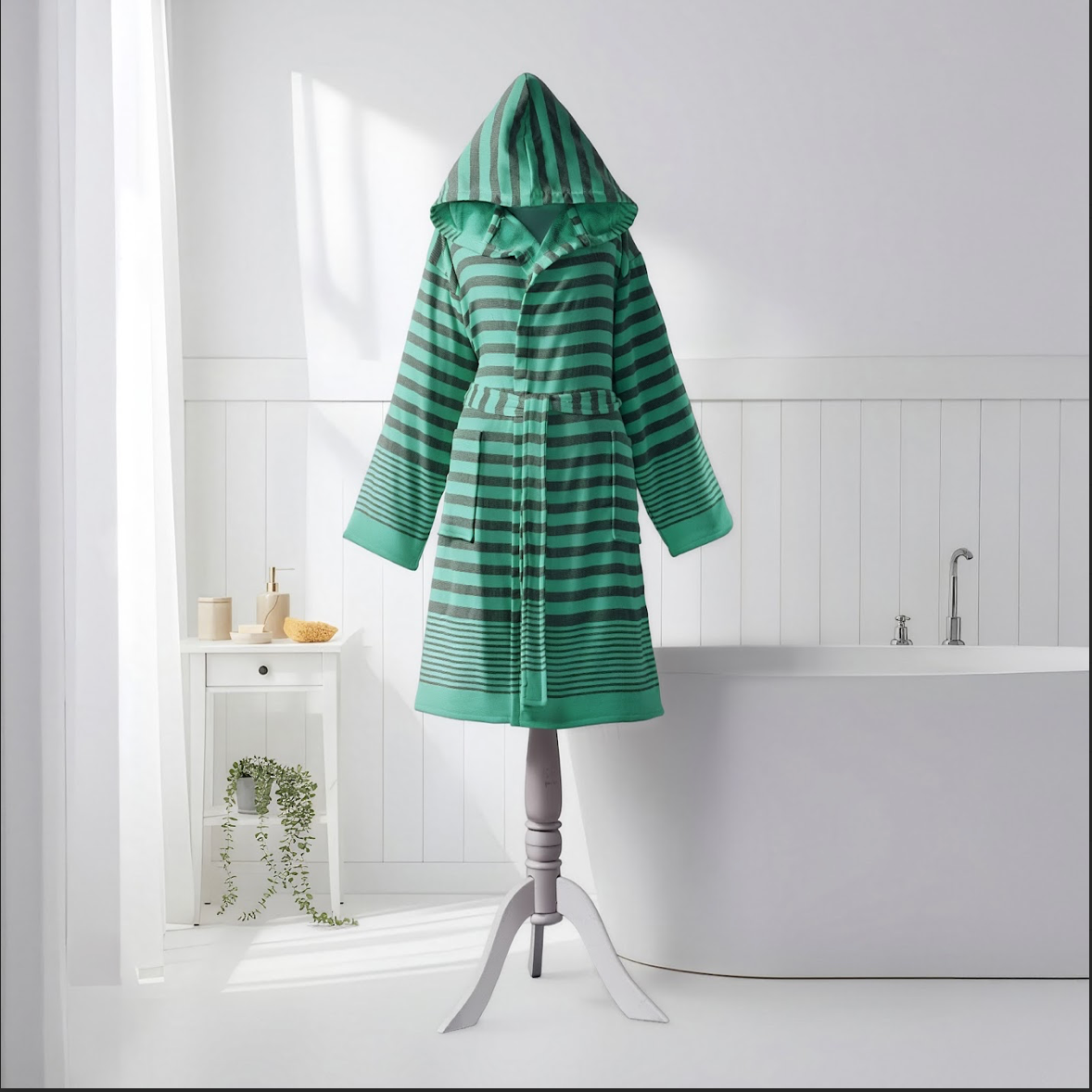 Chakra terry-backed Turkish bathrobe, hooded, tonal ombré stripe | Kikoya