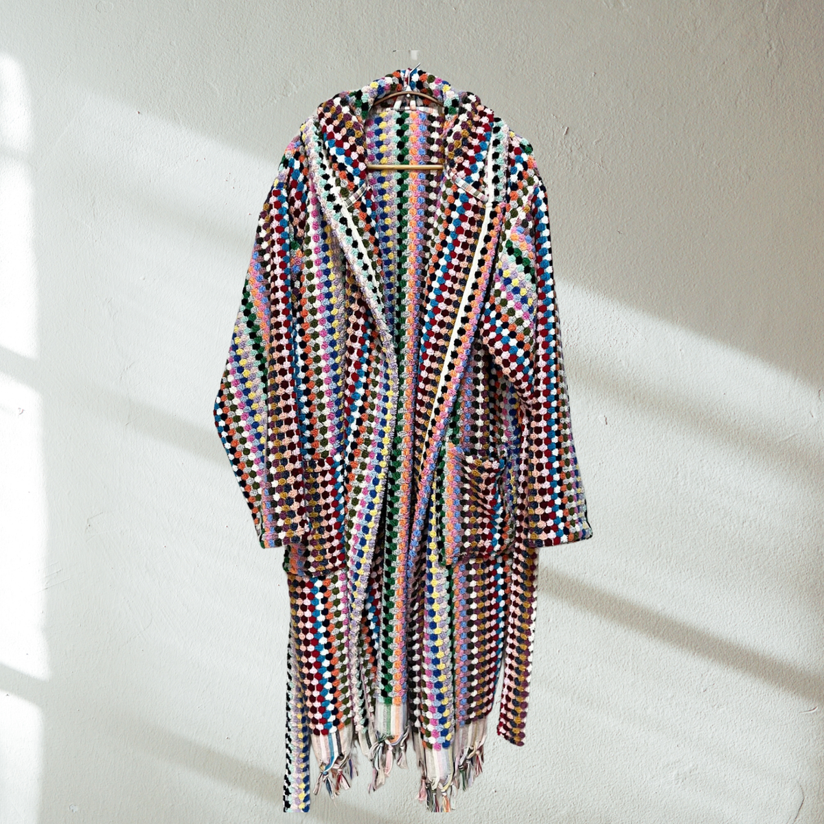 Pompom Turkish bathrobe – Multicolor, Hooded, full-length view | Kikoya