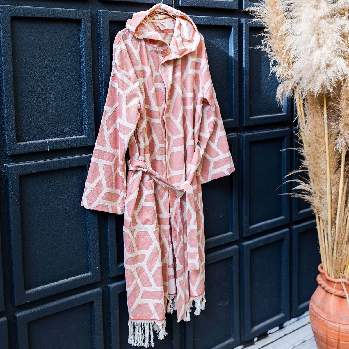 Aztec raised terry Turkish bathrobe in dusty rose, hooded | Kikoya