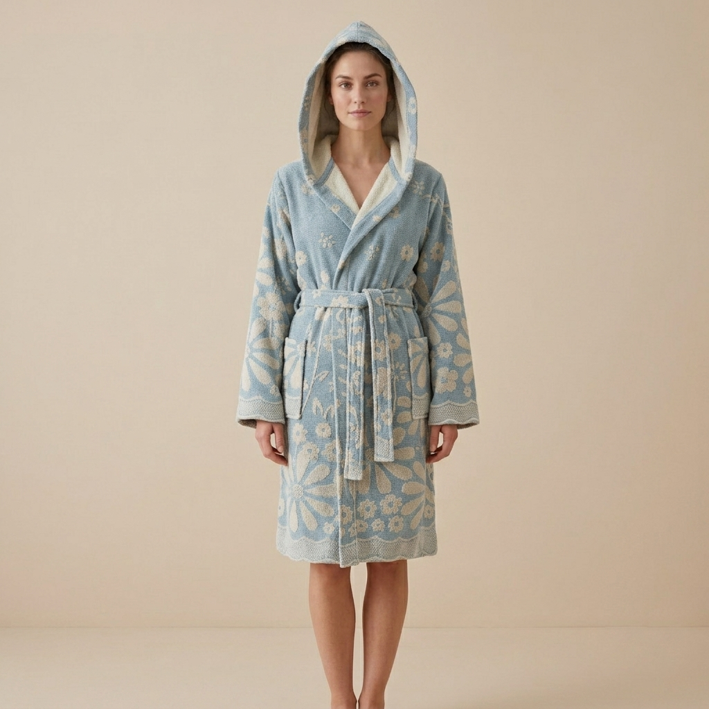 Daisy raised terry Turkish bathrobe – floral jacquard, hooded | Kikoya