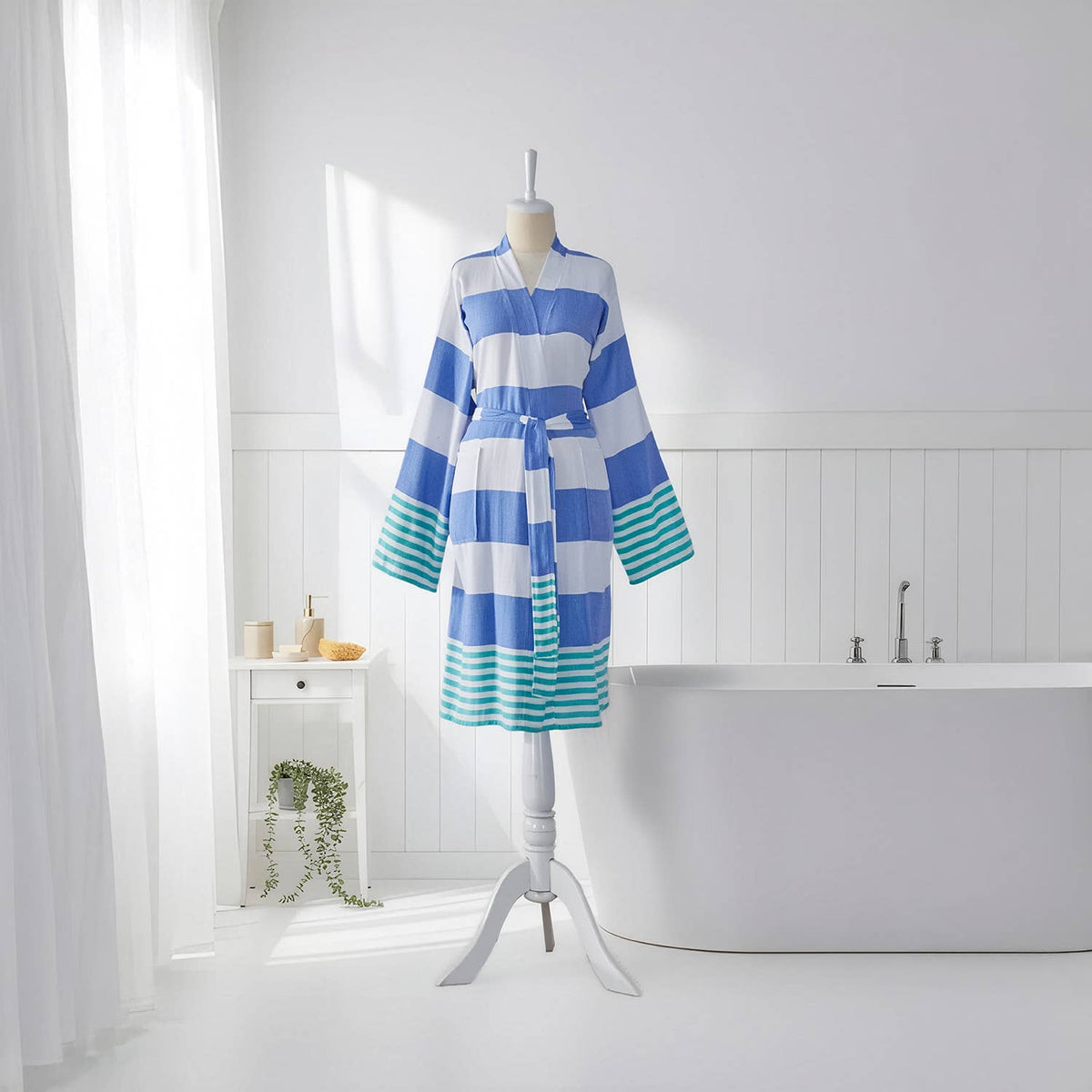 Mediterranean Turkish kimono bathrobe – blue and turquoise block stripe | Kikoya