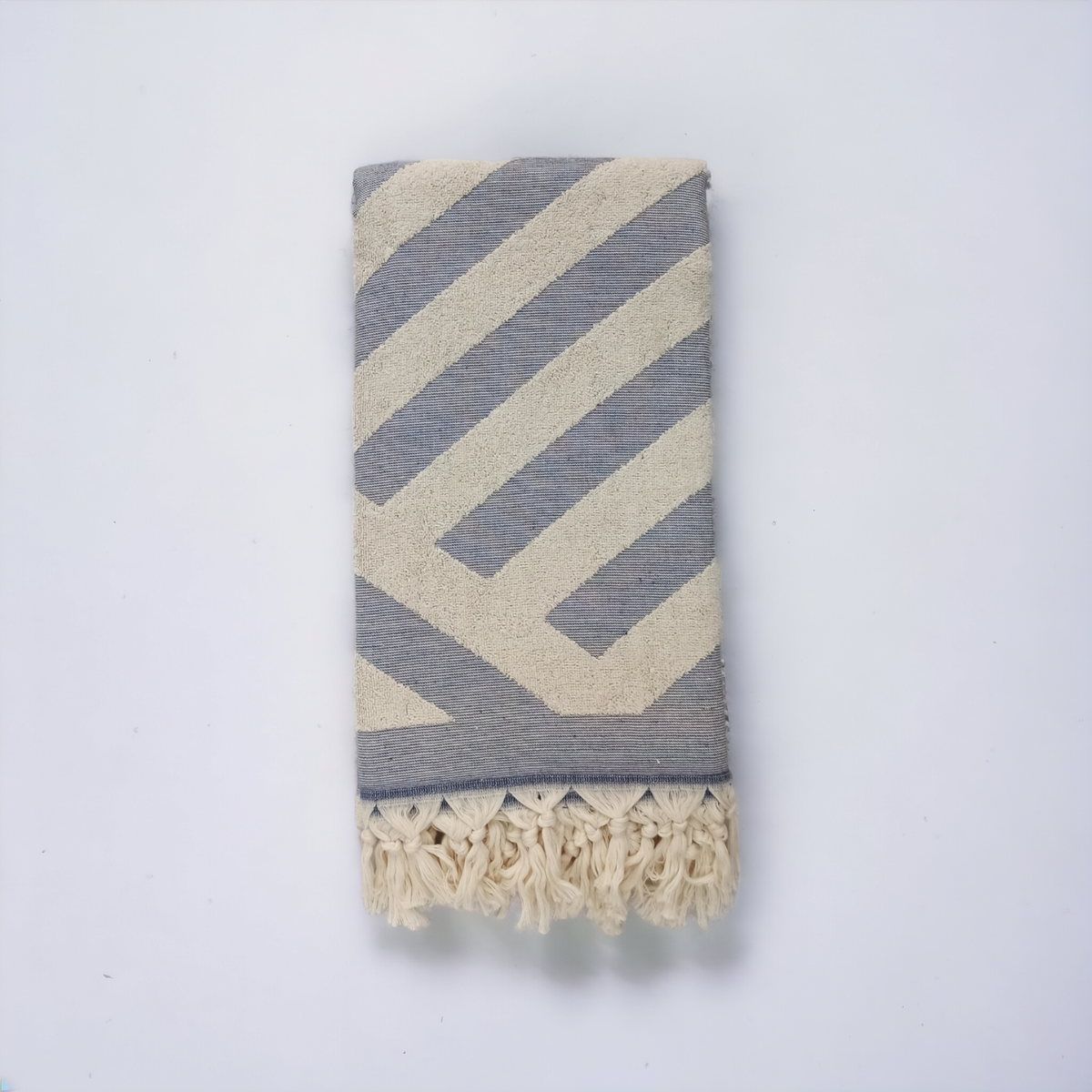 Harmony Turkish terry beach towel – Navy, full length view | Kikoya