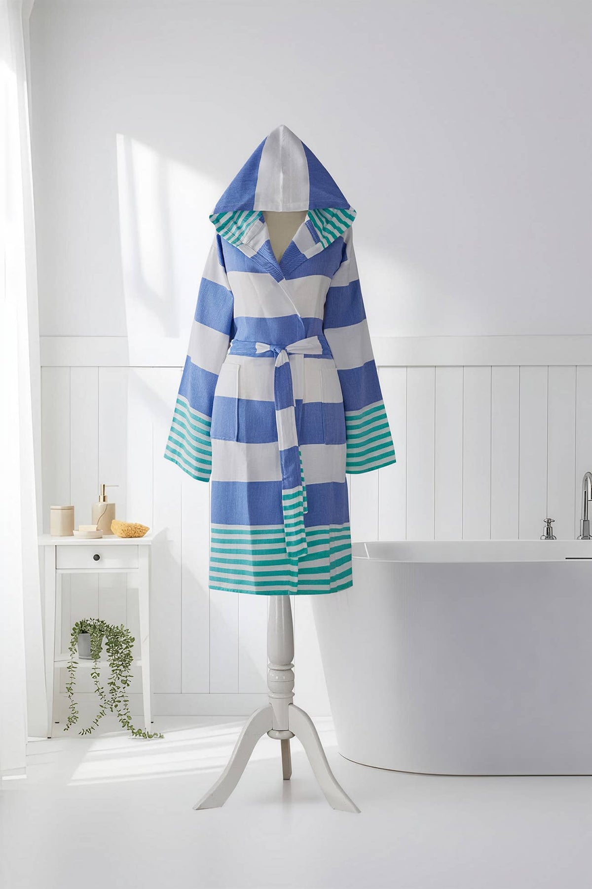 Mediterranean Turkish bathrobe – blue and green block stripe, hooded | Kikoya