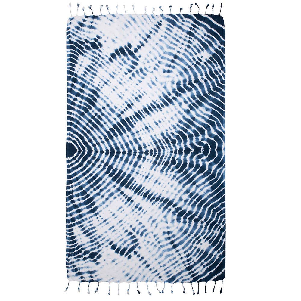 Tie-dye Turkish beach towel in cobalt spiral, 33x65 in, hand-dyed | Kikoya