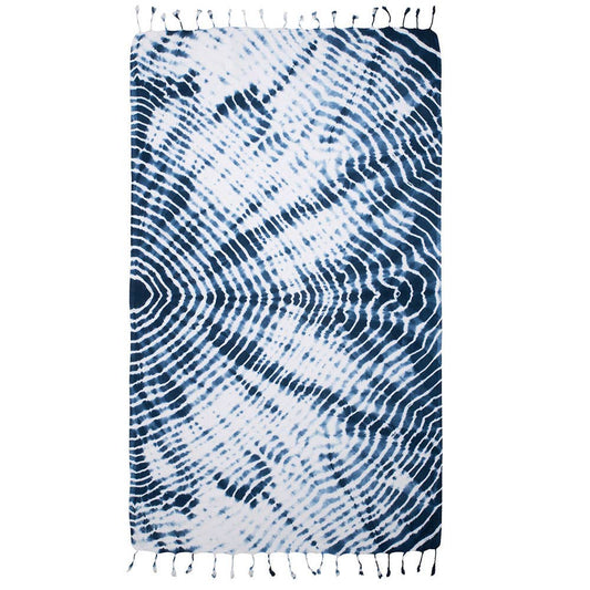 Tie-dye Turkish beach towel in cobalt spiral, 33x65 in, hand-dyed | Kikoya