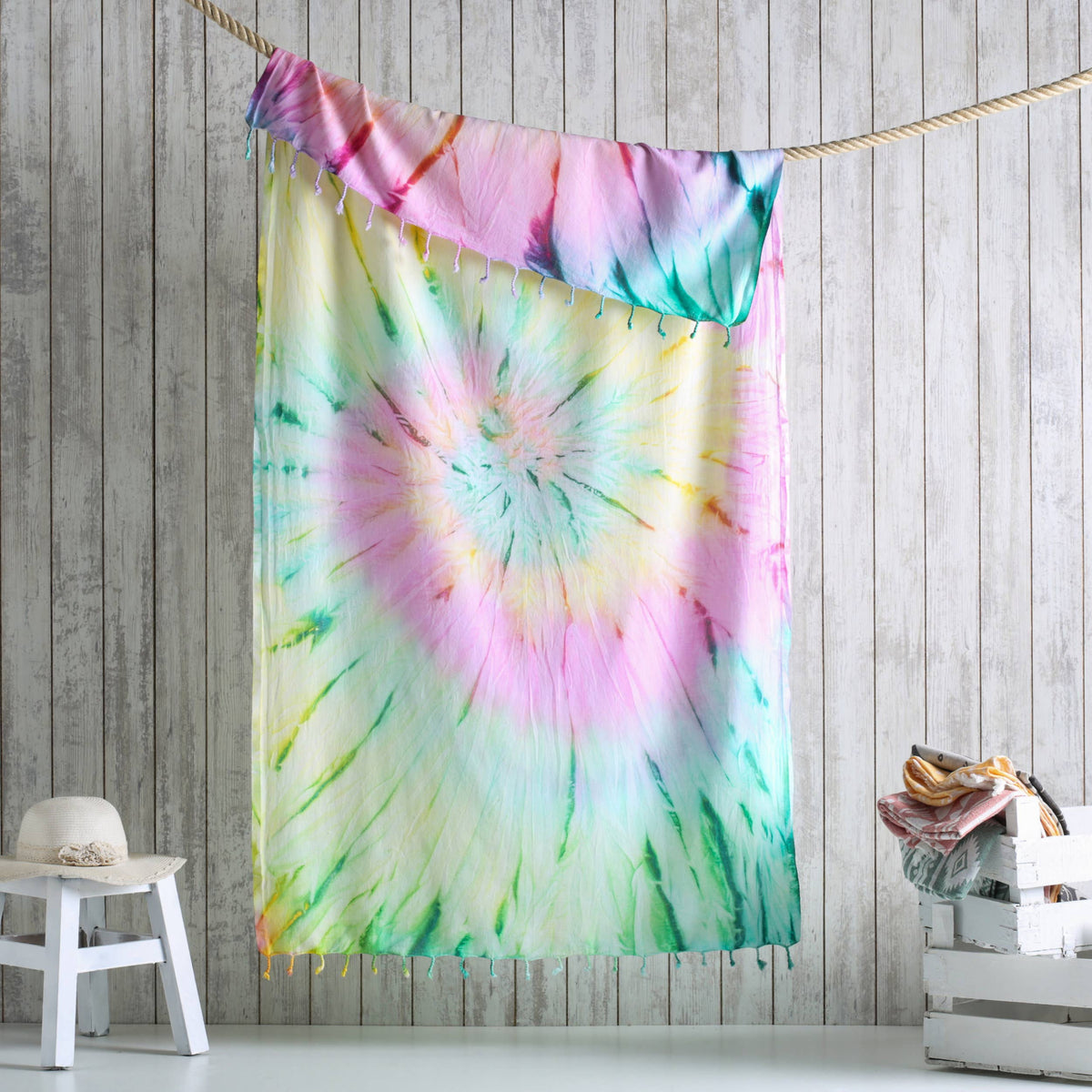 Tie-dye Turkish beach towel in pink, yellow and mint spiral, 33x65 in | Kikoya