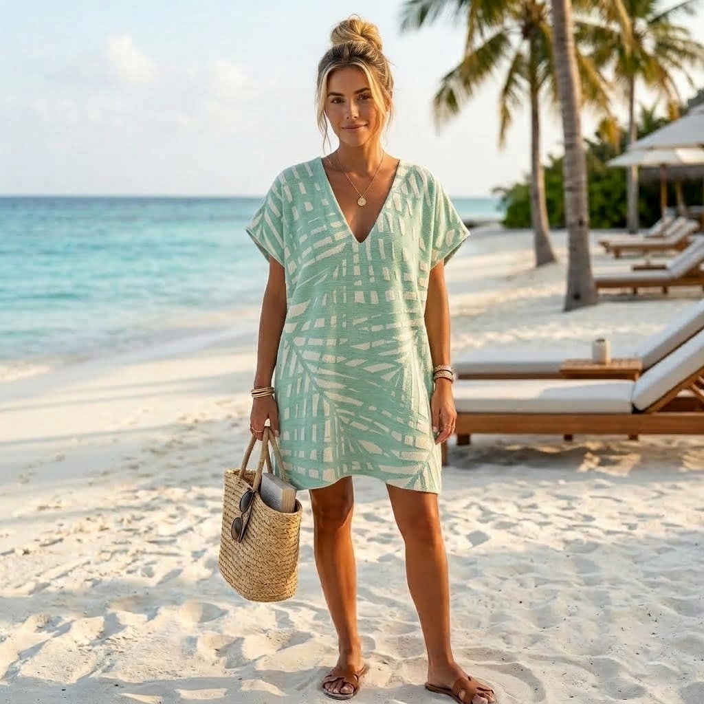 Adult V-neck beach cover-up poncho in Fronds Green, terry-backed Turkish cotton | Kikoya