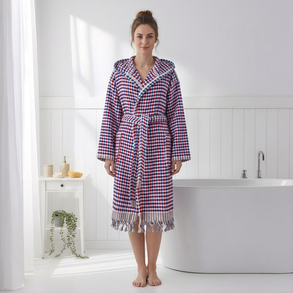 Pompom Turkish bathrobe – Navy & Red, Hooded, front view | Kikoya
