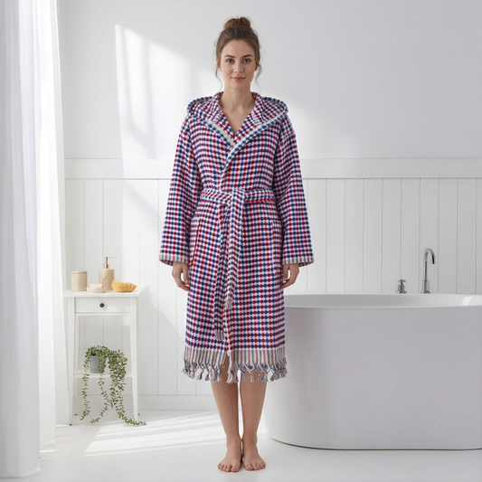Pompom Turkish bathrobe – Navy & Red, Hooded, front view | Kikoya