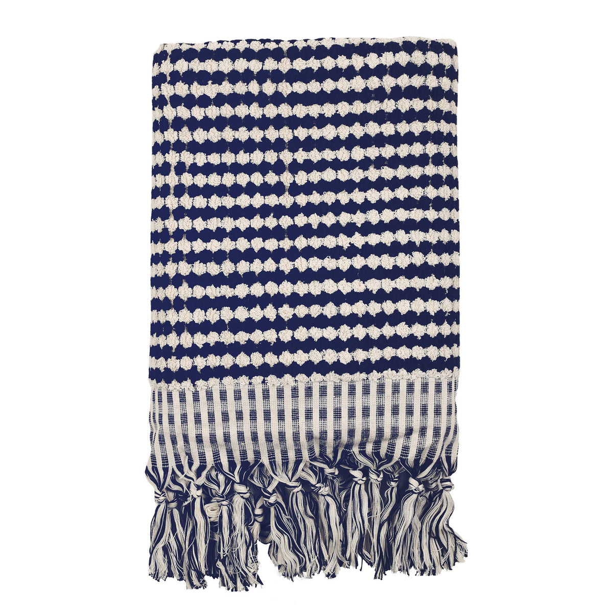 Pompom handloomed Turkish bath towel, 35x68 in, bubble weave with pompom fringe | Kikoya