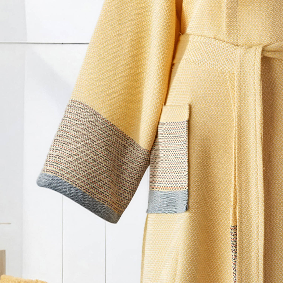 Color-block Turkish cotton bathrobe – hooded, striped border | Kikoya