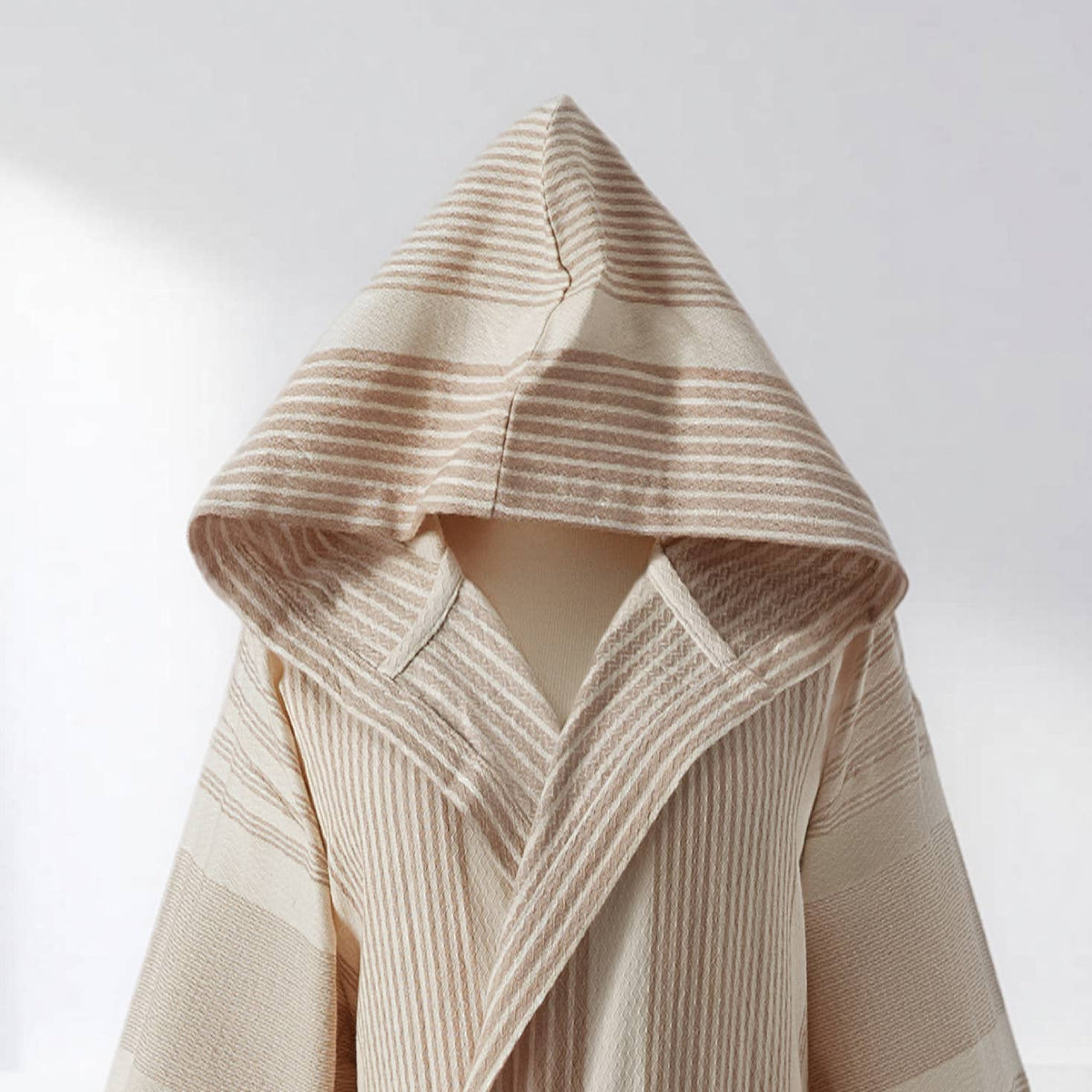 Ribbed Turkish cotton bathrobe – hooded, contrast bands | Kikoya