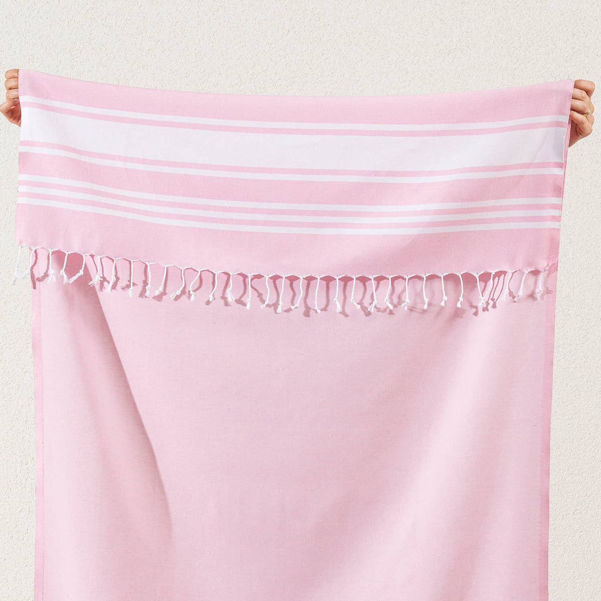 Fine stripe Turkish beach towel on cream, 33x66 in, flat-woven peshtemal | Kikoya