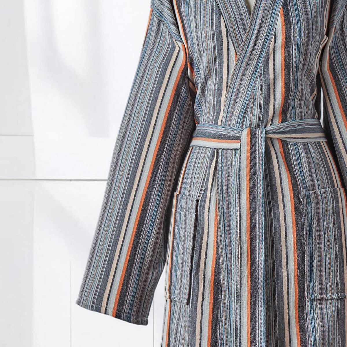 Antique Turkish kimono bathrobe – Grey & Coral Stripe | Kikoya