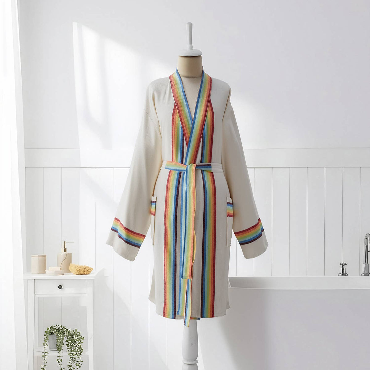 Rainbow band Turkish bathrobe in cream – kimono | Kikoya