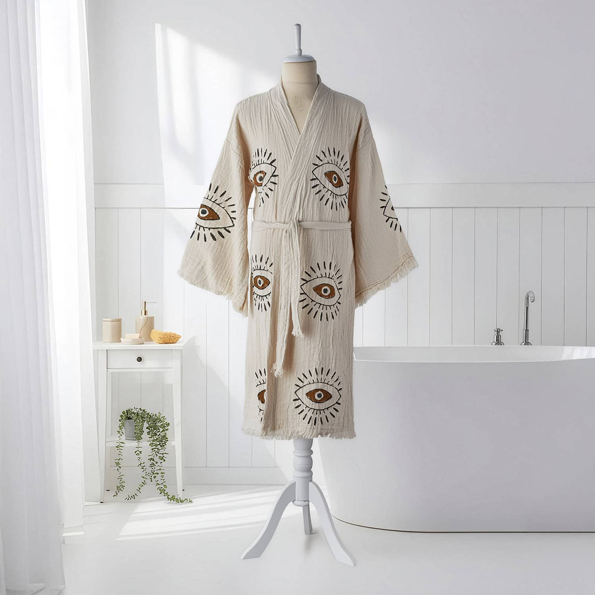 Block-print Turkish cotton kimono robe – Evil Eye Brown & Black | Kikoya