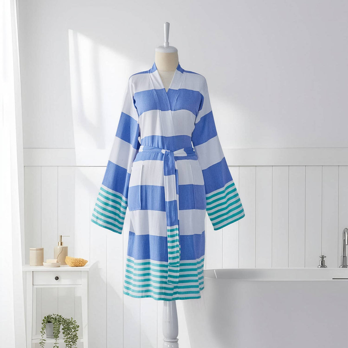 Mediterranean Turkish kimono bathrobe – blue and turquoise block stripe | Kikoya